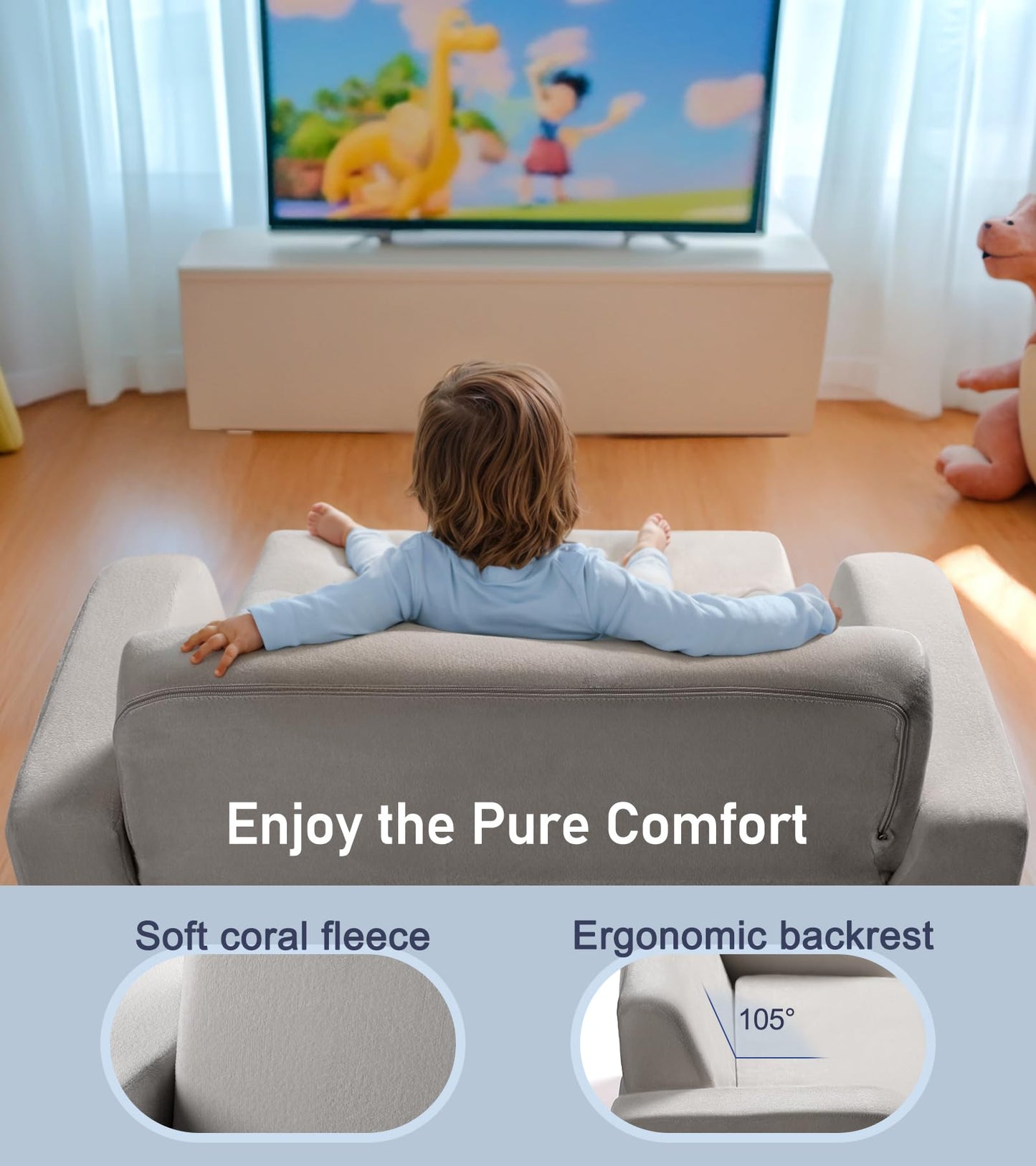 3-in-1 Extra Wide Convertible Kids Couch, Flip Open Toddler Couch to Lounger, Comfy Toddler Chair, Machine-Washable Kids Sofa for Girls, Kid Sofa Bed for Fun Playtime or Comfy Lounging, Gray