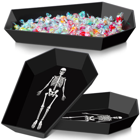 Wiwiqing 2 Pcs Halloween Candy Bowl Plastic Coffin Shaped Serving Tray Spooky Serving Dish Trick or Treat Candy Platter for Halloween Party Food Storage Charcuterie Board Serving Supplies (Skull)