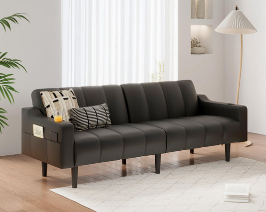 80'' Leather Couch, Futon Sofa Bed, Faux Leather Couch with Adjustable Backrest, 2 Cup Holders & Side Pockets, Mid Century Modern Sofa for Living Room, Bedroom, Black