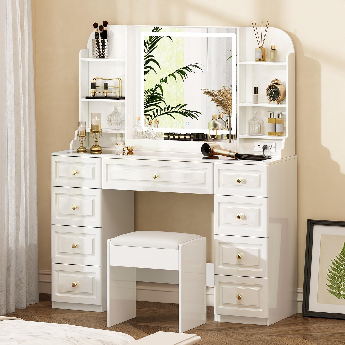 43" Makeup Vanity Desk with Mirror and Lights, & Power Outl, Glass Top Big Vanity Table with 9 Drawers& 8 Storage Shelves, Dressing Table Set with Chair for Bedroom, White