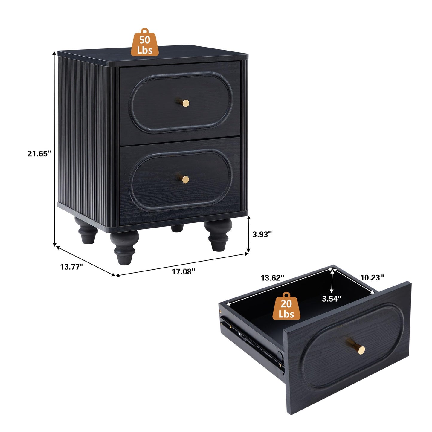 2 Drawer Fluted Nightstand Set of 2, Mid Century Modern Farmhouse Night Stand Small End Table Bedside Table for Bedroom, Living Room, Black