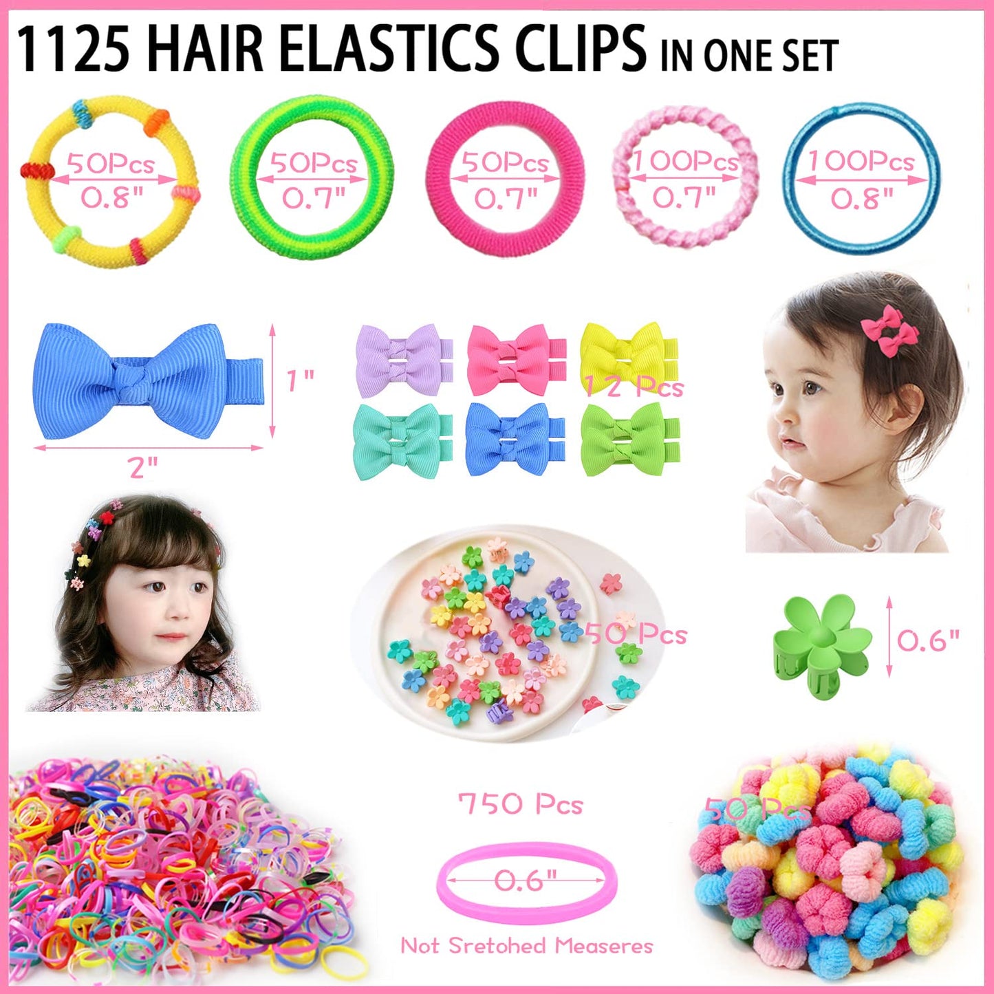 1125Pcs Girls Hair Accessory Set - Mini Seamless Cotton Hair Ties, Multicolor Finger Bands, Colorful Small Rubber Elastics, Butterfly Hair Clips, Ponytail Holders for Toddlers