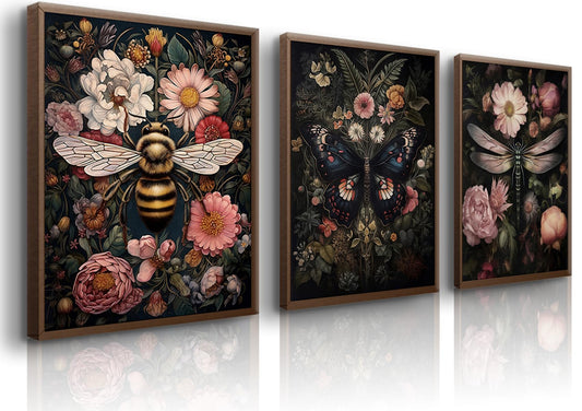 3Pcs Dragonfly and Bee Floral Wall Art Gothic Dark Insect and Plant Wall Decor Vintage Dark Preppy Posters Canvas Prints Painting Picture for Bathroom Bedroom 12x16in Unframed