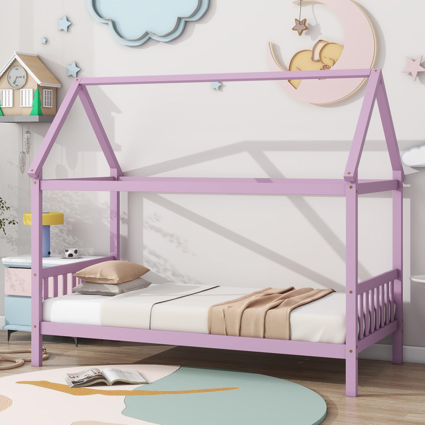 A ALFRESCOOL Twin Size House Roof Bed with Headboard and Footboard, Rubber Wood Low Floor Bed Frame with Slat Support for Toddlers Teens Girls Boys, No Box Spring Needed, Pink