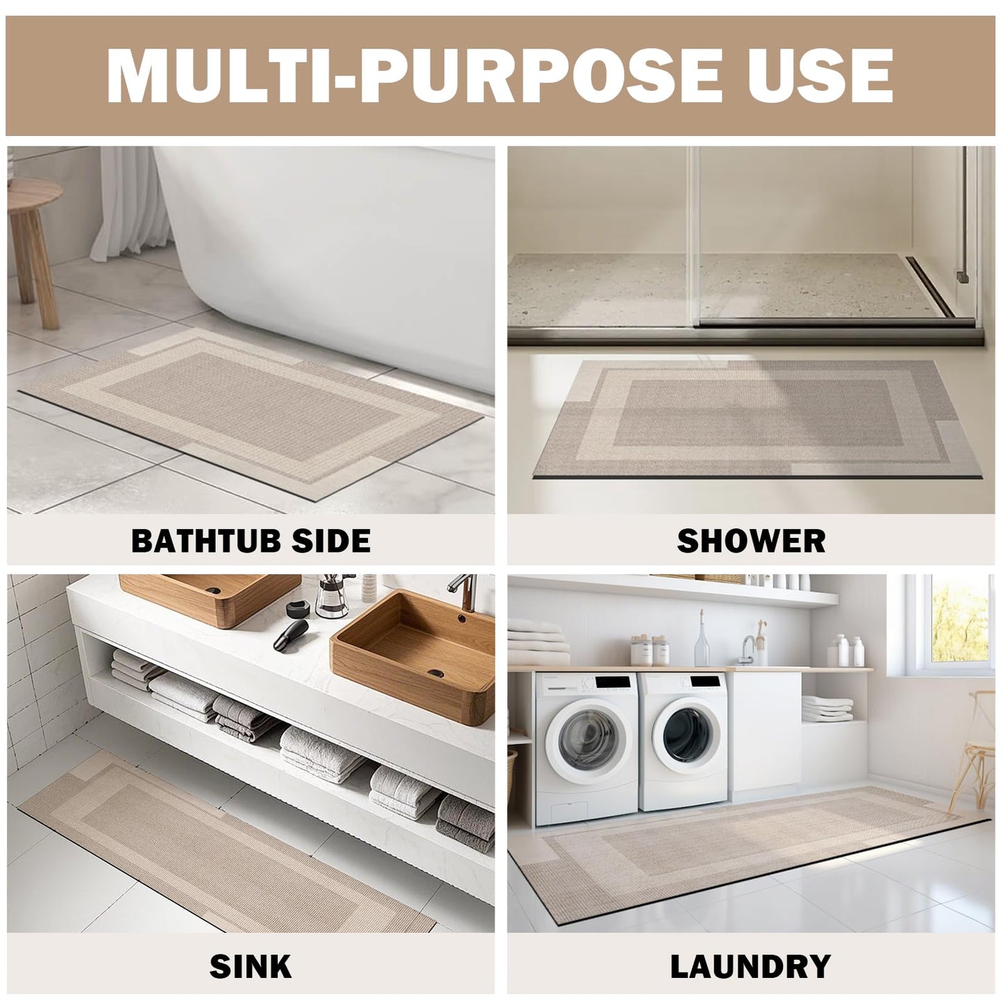 YDKGL Non Slip Thin Bath Mat Bathroom Rugs, Rubber Backing Ultra Thin Bathroom Rug Fit Under Door, Quick Dry Super Absorbent Washable Shower Bath Mats for Bathtub Side Floor, Easy Care Beige 16"x 24"