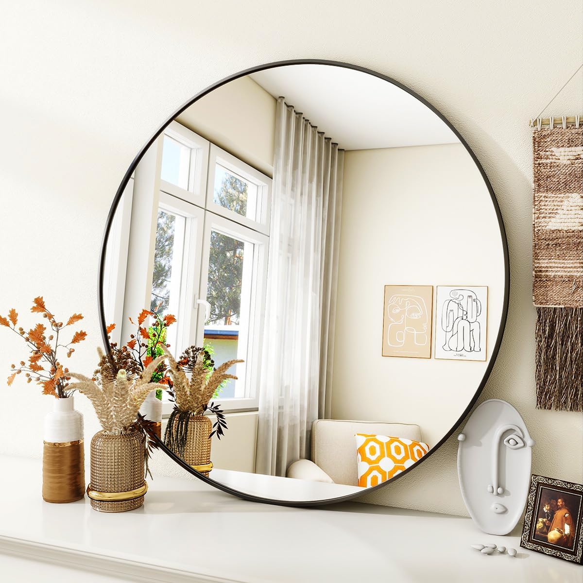 VooBang Black Round Bathroom Mirror, 30 inch Circle Wall Mounted Hanging Mirror with Simple Modern Circular Metal Frame for Hallway, Entryway, Living Room, Black Frame