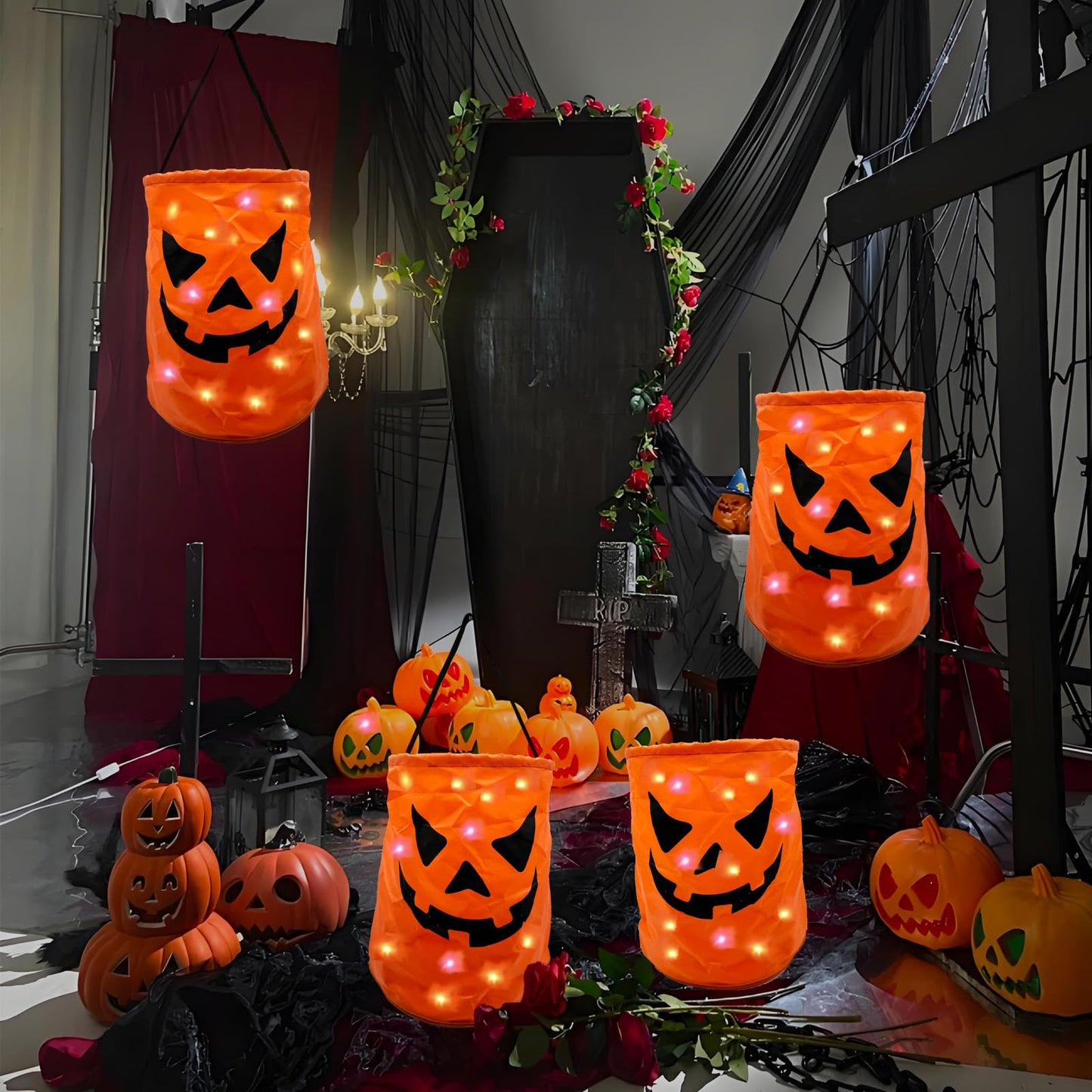 3PCS LED Light Halloween Candy Bags Light Up Halloween Party Bags Trick or Treat Goody Buckets with Pumpkin Smile Face Multipurpose Reusable Halloween Favor Gift Bags for Party Supplies Favors