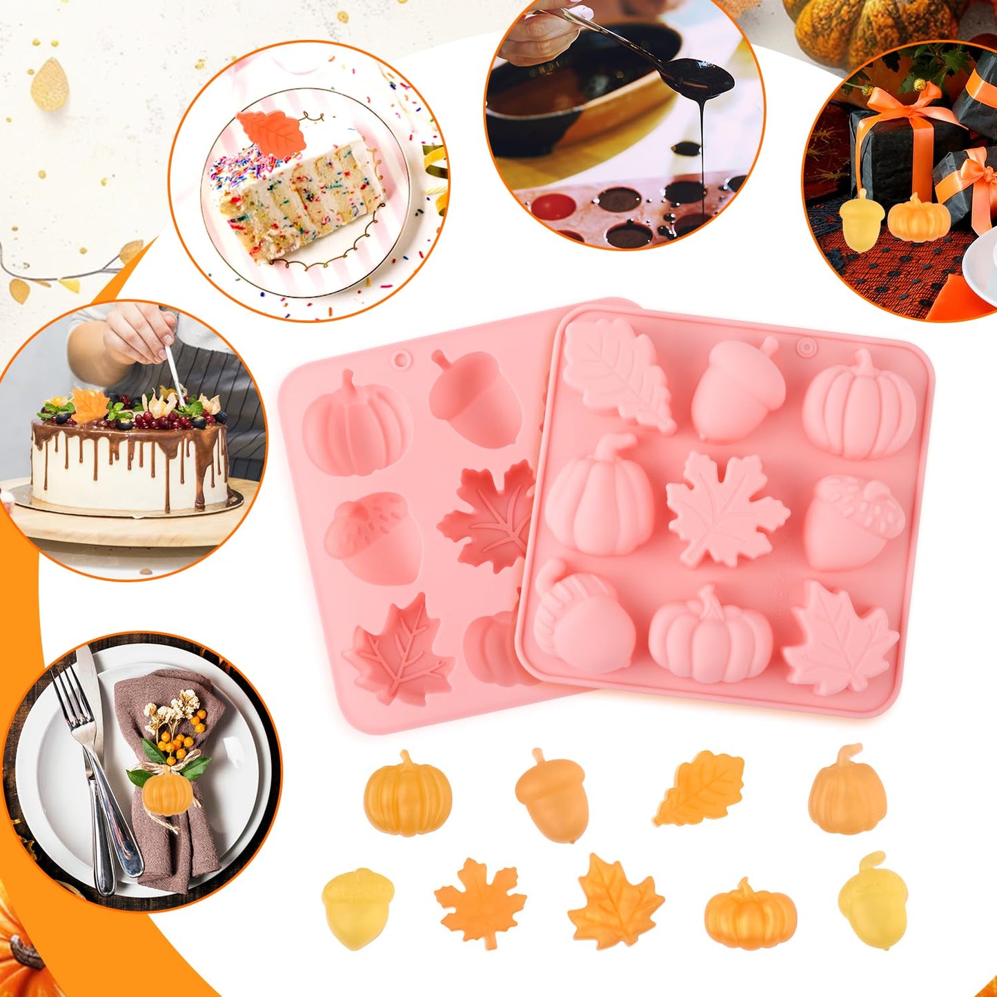 2pcs Halloween Silicone Molds, 3D Halloween Thanksgiving Candy Molds Fall Maple Leaf Pumpkin Molds for Baking Making Chocolate Dessert Gummy Jelly Cupcake Topper Decoration