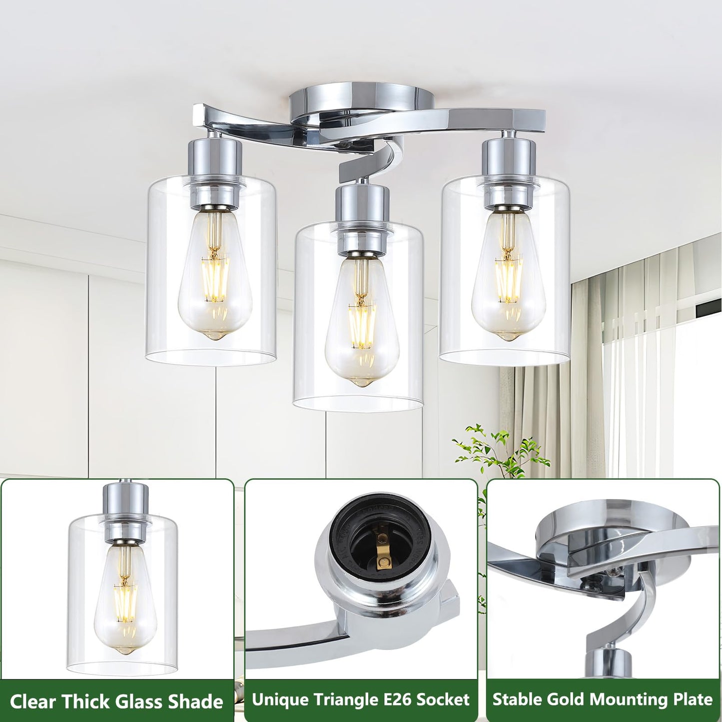 3WWWUEE 3-Light Semi Flush Mount Ceiling Light, Modern Close to Ceiling Light Fixtures with Clear Glass Shades, Chrome Light Fixture for Kitchen, Dining Room, Hallway, Entryway, Foyer