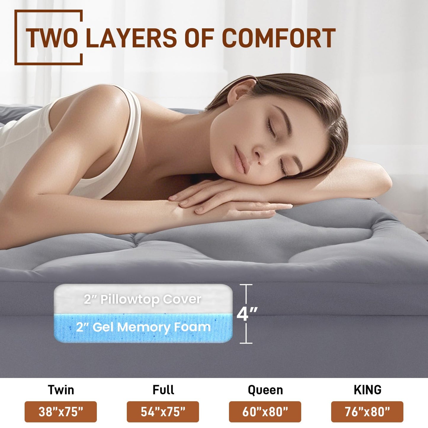 4 Inch Pillow Top Memory Foam Mattress Topper Queen, Dual Layer 2 Inch Gel Memory Foam Plus 2 Inch Pillow Top Cover, Grey