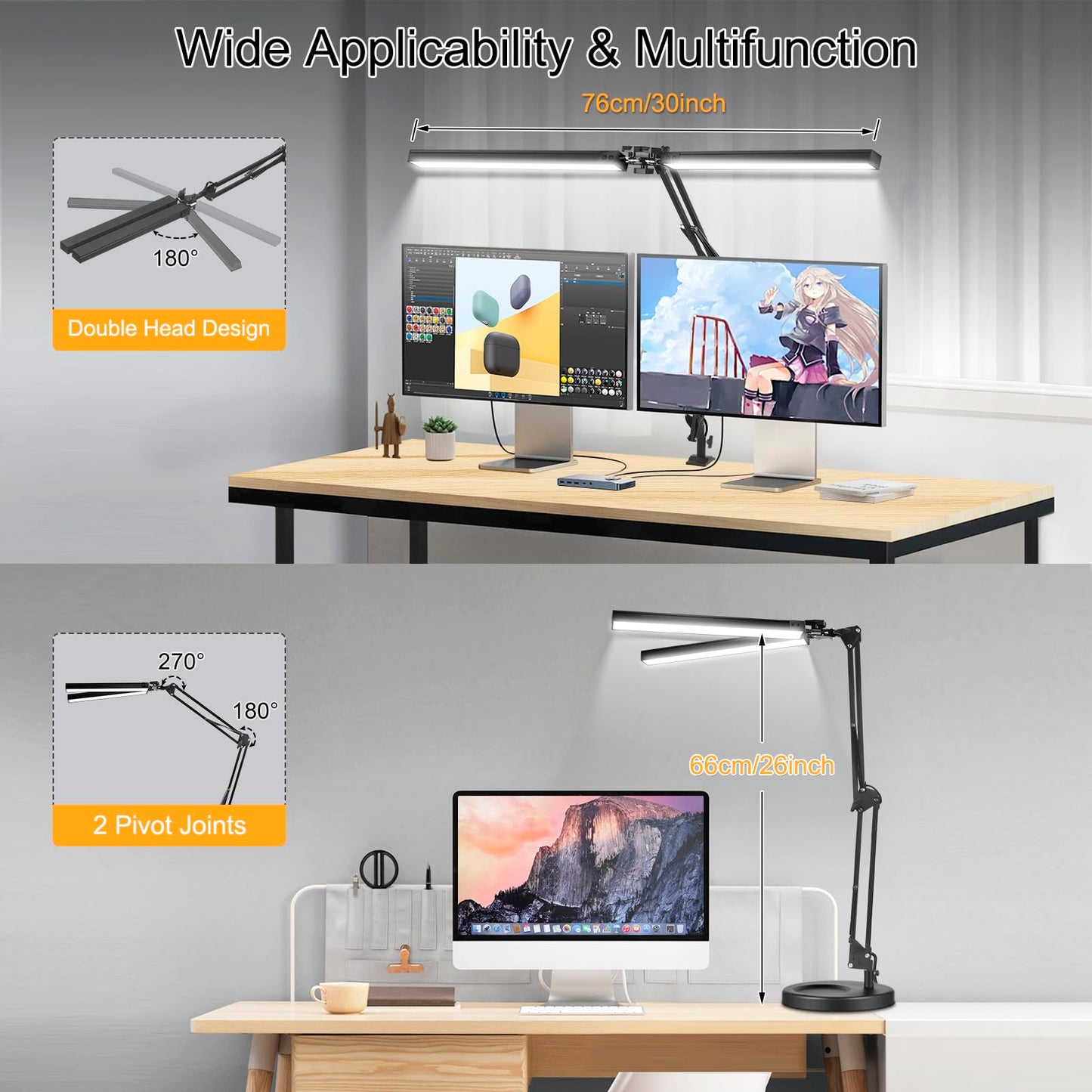 2-in-1 LED Desk Lamp, 24W Brightestwith Table Lamp with Clamp, Desk Light with Flexible Swing Arm,3 Color Modes Stepless Dimmable Double Head Architect Desk Lamps for Home Office Workbench Reading