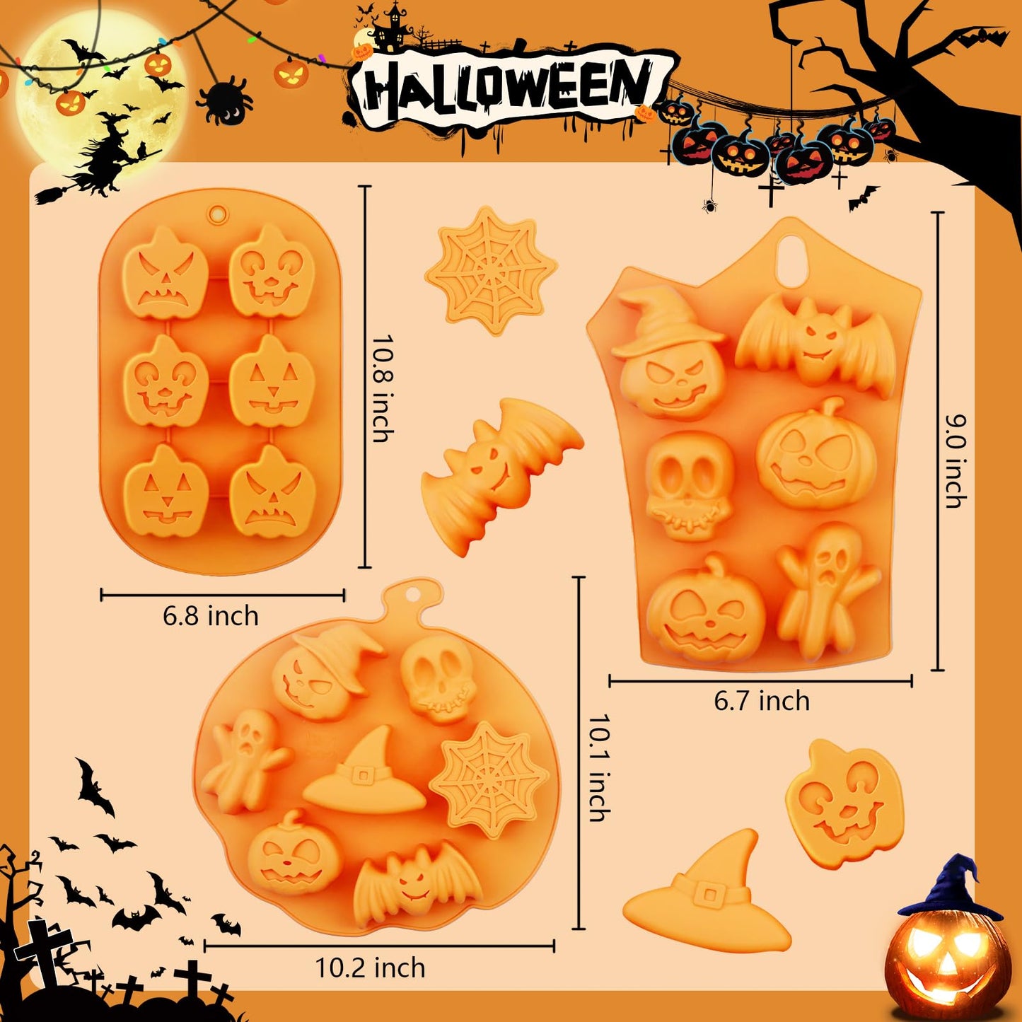 3Pcs LEBERY Halloween Silicone Molds Ghost Pumpkin Skulls Witch Hat Silicone Mold, Non-Stick Halloween Candy Mold Chocolate Cake Cupcake Jelly Ice Cube Baking Crayon Melt Biscuits Fondant Moulds