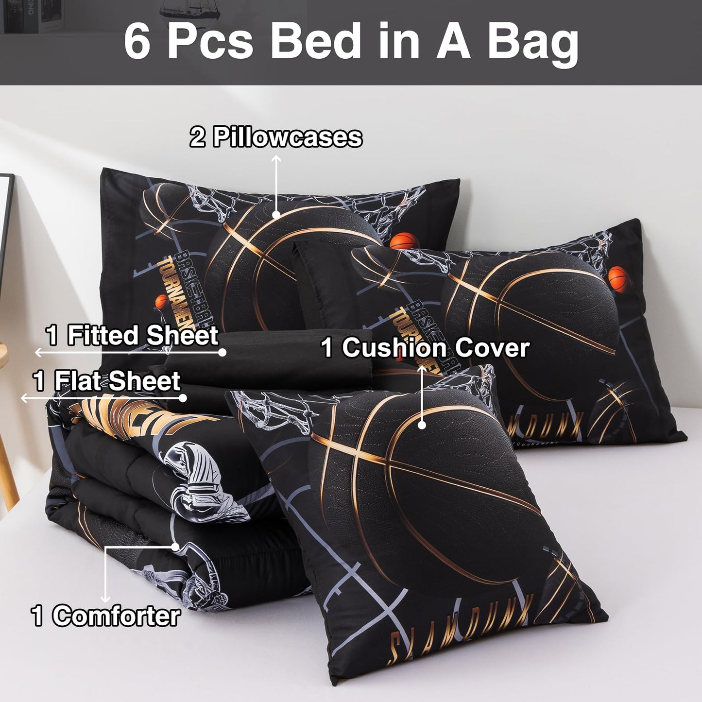 A Nice Night Basketball Court Printed Comforter Sets,with Sportsman Slam Dunk Printing 6Pcs Bedding Set in a Bag for Teen Boys,Twin