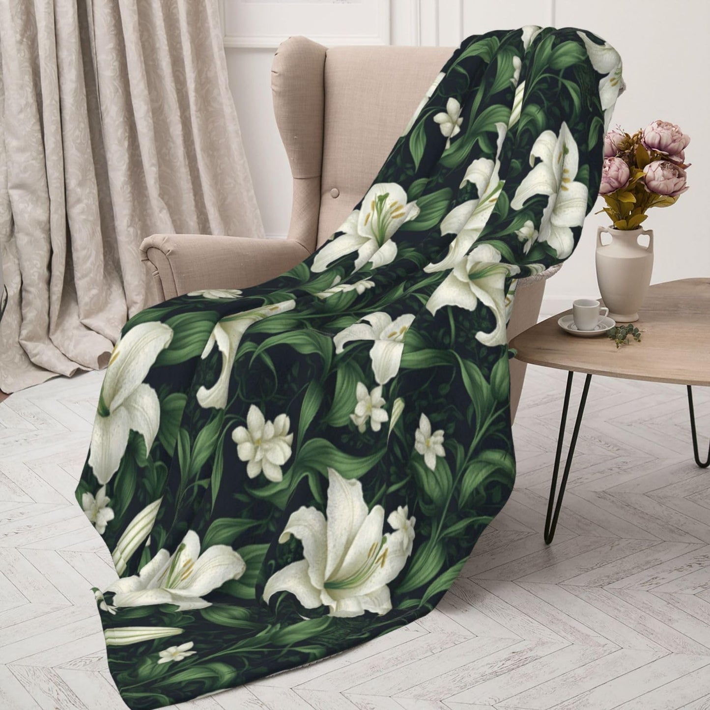 White Lily Leaves Print Throw Blanket for Couch Sofa Bed, Super Soft Lightweight Cozy Fuzzy Warm Flannel Plush Throw Blanket 80"x60" - All Season Use