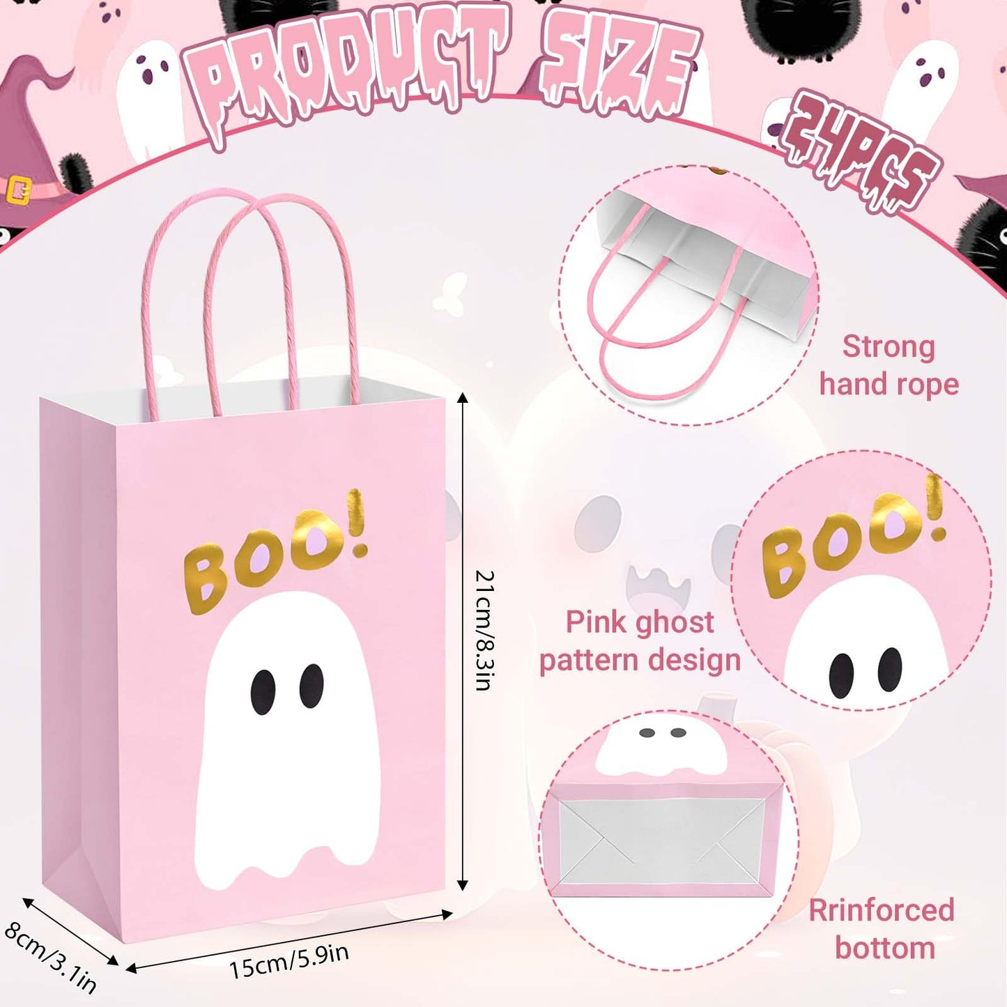 24Pcs Pink Halloween Paper Gift Bags with Handles Cute Ghost Boo Goodie Treat Bags for Halloween Baby Shower Party Trick or Treat Party Supplies