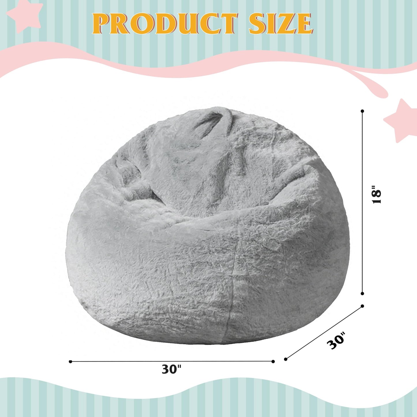 WLIVE Kids Bean Bag Chair, 2.5 Feet Faux Rabbit Fur Bean Bag, Floor Sofa with Memory Foam Filling, Bean Bag Chairs for Living Room Bedroom, Grey