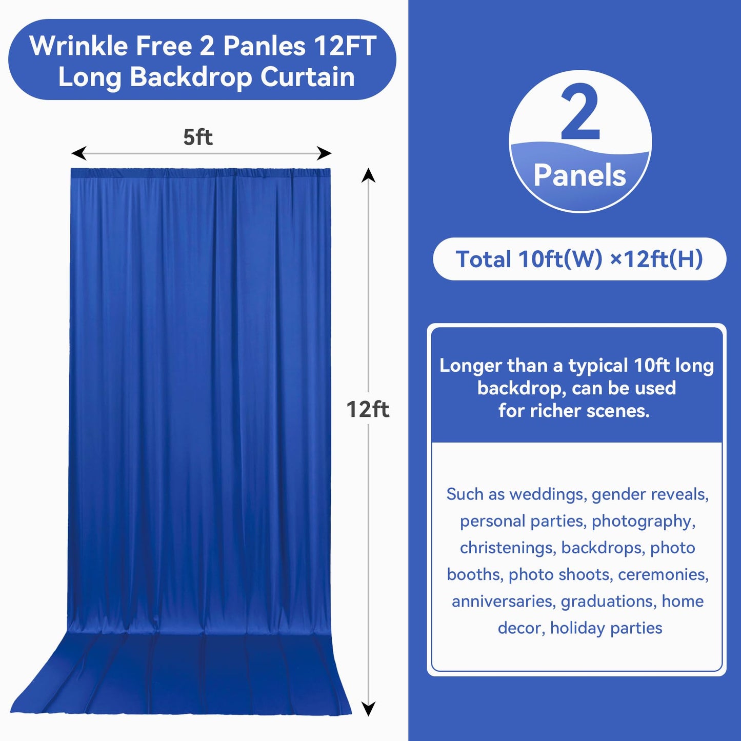 10ftx12ft Wrinkle Free Royal Blue Backdrop Curtain, 2 Panels 12FT Height Royal Blue Wedding Backdrop Drapes, Silky Polyester Back Drop Cloth for Birthday Photography Background Party Backdrop Draping