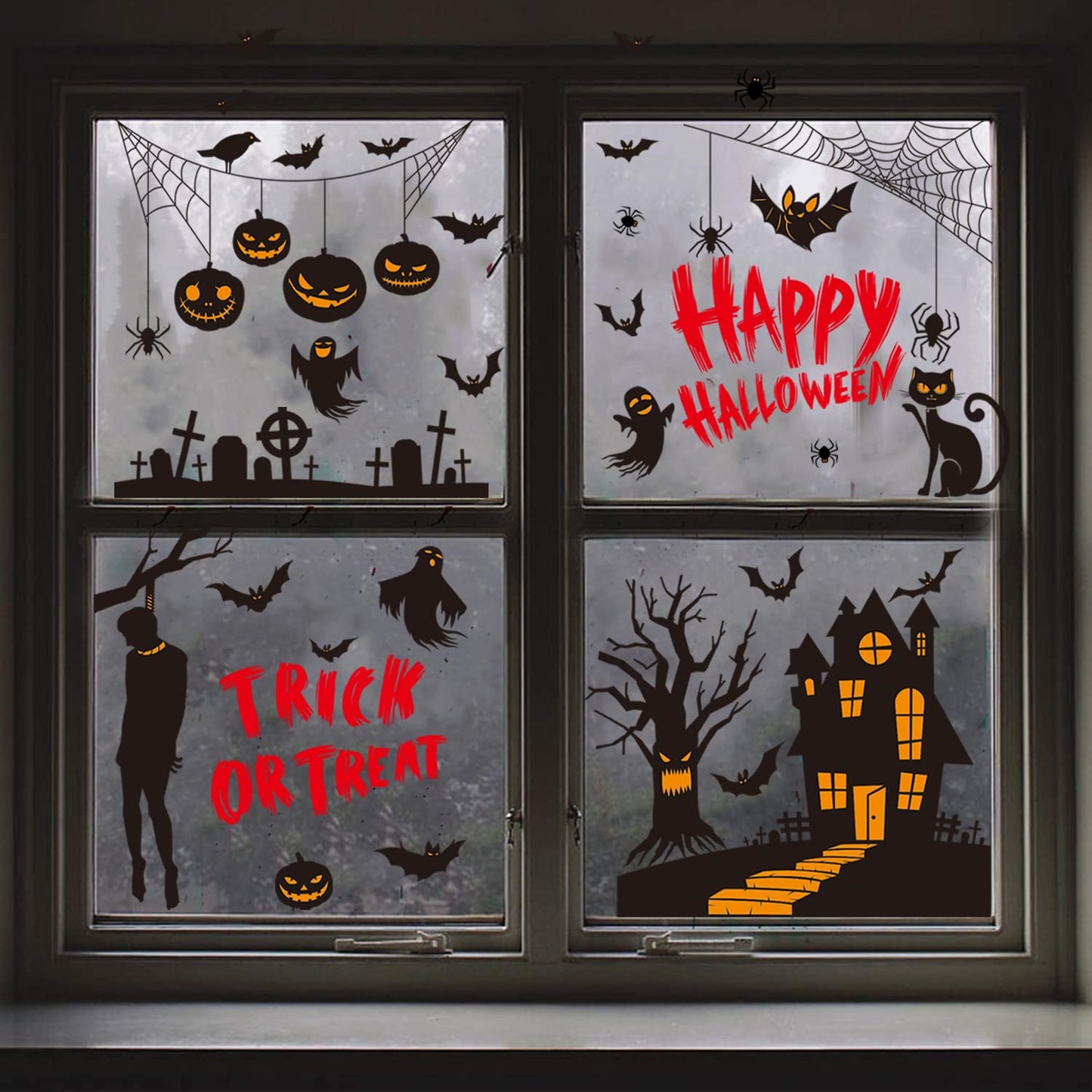 9 Sheets Halloween Window Clings Stickers Decorations Scary Black Ghosts Pumpkin Spider Bats Double Side Decals for Party Glass Decorate Happy Halloween Window Clings for Party Decoration