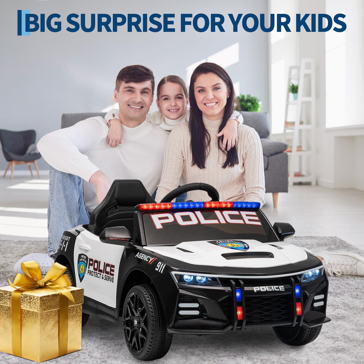 12V Police Car Ride On Car for Kids, Ride on Toy with Remote Control, Emergency Alert Tones, Megaphone, Flashing Lights, Music, Spring Suspension