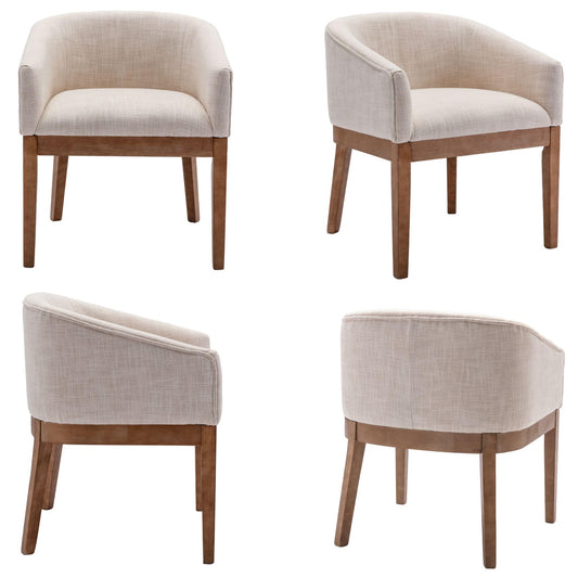Washon Upholstered Dining Chairs Set of 4, Mid Century Modern Dining Room Chair with Arms, Barrel Kitchen Chair with Solid Wood Legs, Accent Side Chairs for Bedroom/Living, Beige