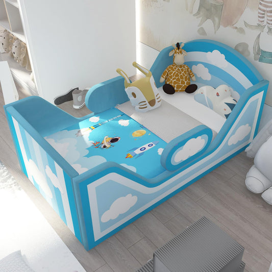 weeonekids Toddler Bed, Child Bed for Kids with Extra Safty Broad, Standard Crib Size Toddler Bed, Certified Fabric Toddler Beds,Toddler Flood Bed (Sky Blue)