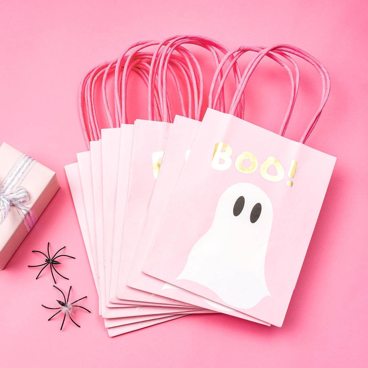 WRAPAHOLIC 12 Pack 7" Small Halloween Kraft Paper Gift Bags - Gold Foil Boo and Pink Ghost Gift Bag for Baby Shower, Holiday, Party Gift Wrap