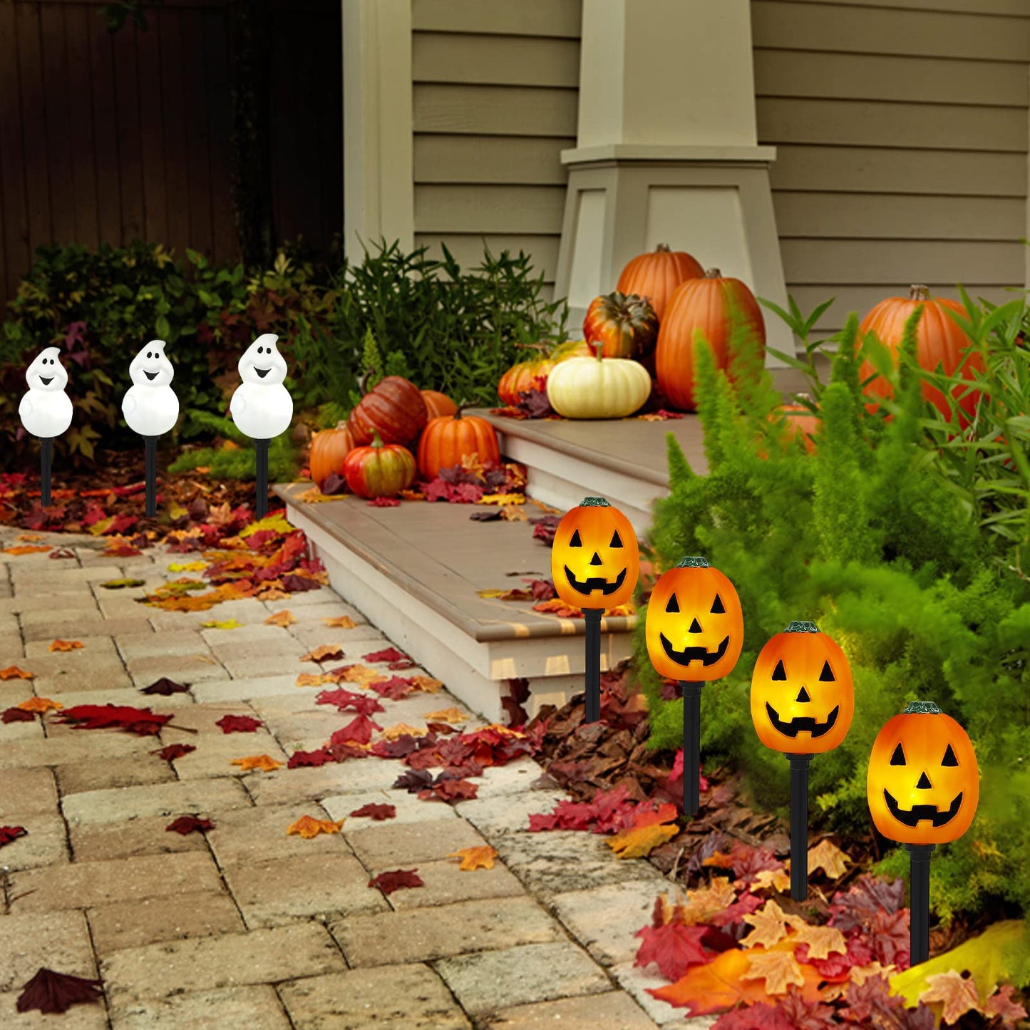 Halloween Ghost Pathway Lights Outdoor, Set of 4 Pre-lit Ghost Pathway Markers Stake Battery Operated Waterproof for Path, Yard, Lawn, Garden, Landscape Halloween Party