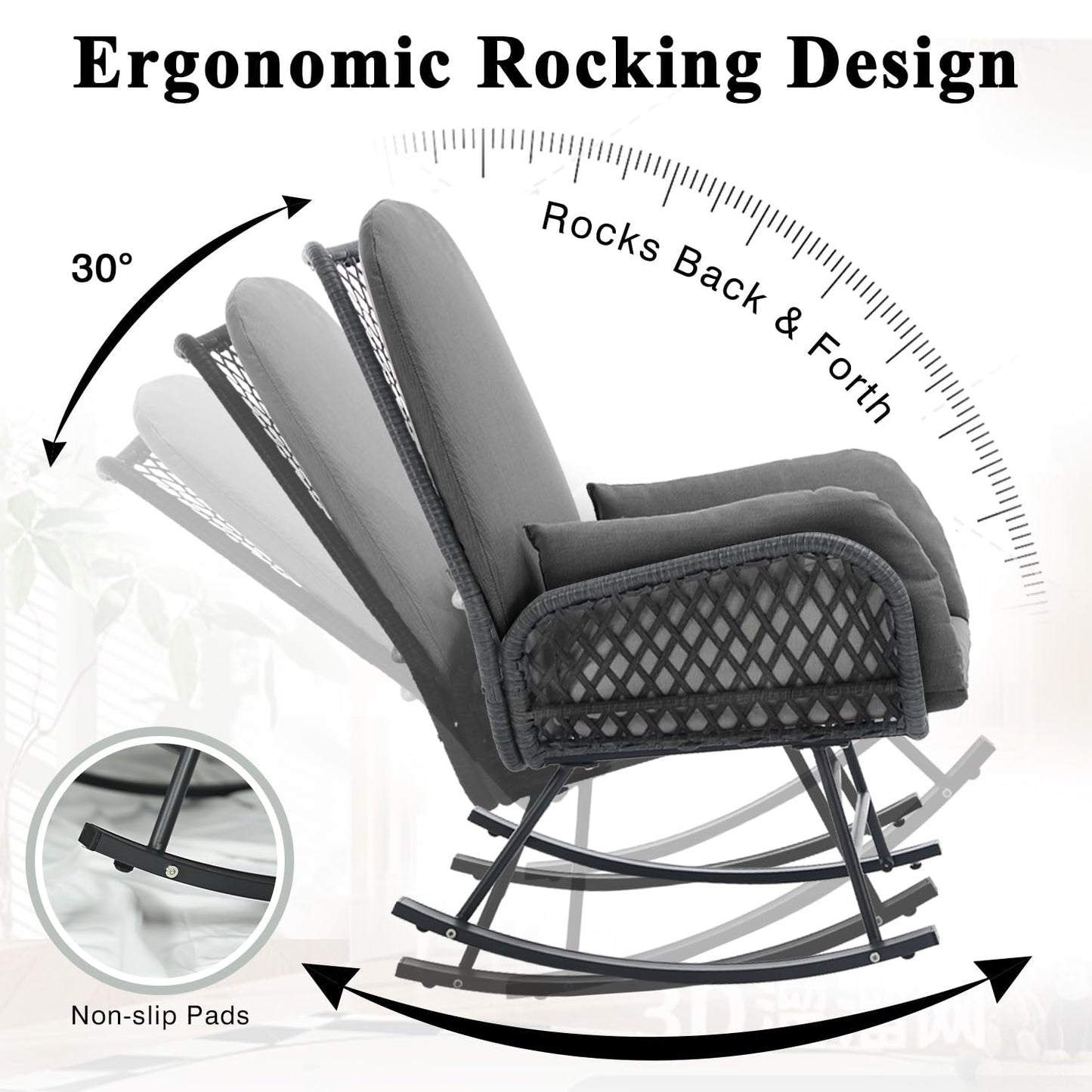 YDcosyfy Outdoor Wicker Rocking Chair with Ottoman, Patio Rocker Chair with Cushions, Steel Frame Support, All-Weather Furniture, for Porch, Balcony, Indoor