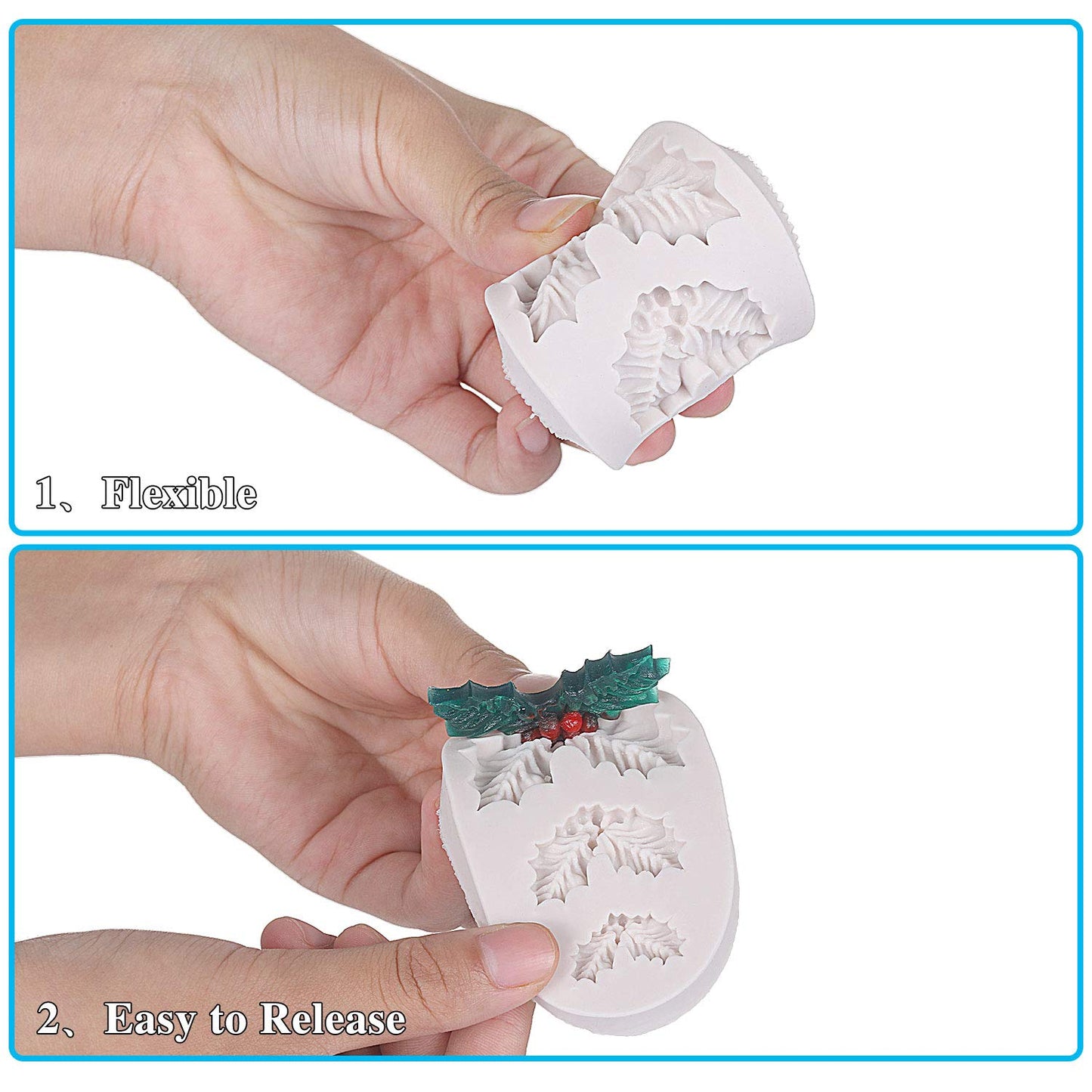 4 Pieces Christmas Holly Leaves Silicone Mold Leaf Shaped Fondant Mold Chocolate Dessert Molds for Baking Chocolate Candy Sugar Cake Decorations