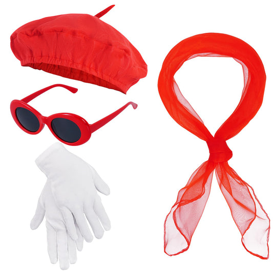 4pcs French Beret Hat Set Costume Accessories Set Including Beret Hat Scarf Gloves Sunglasses for Women Halloween French Themed Party Red