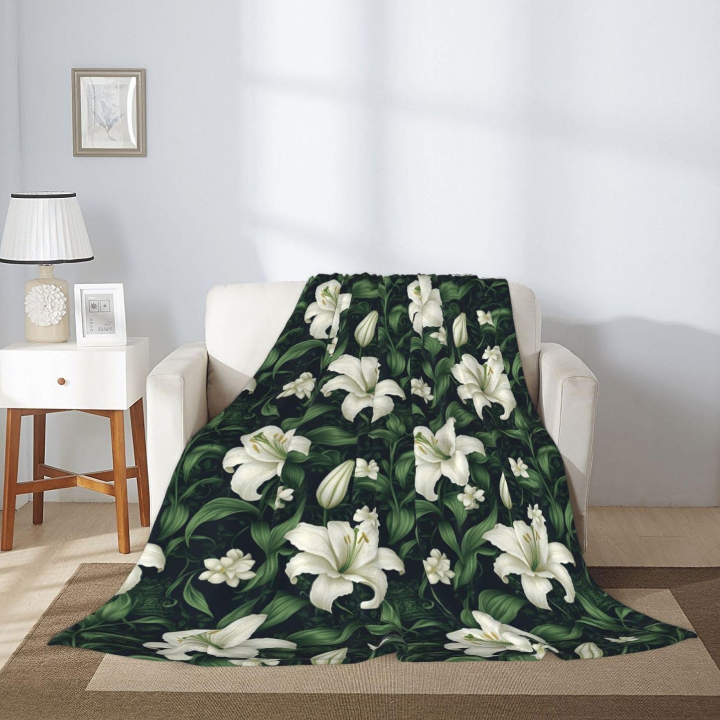 White Lily Leaves Print Throw Blanket for Couch Sofa Bed, Super Soft Lightweight Cozy Fuzzy Warm Flannel Plush Throw Blanket 80"x60" - All Season Use