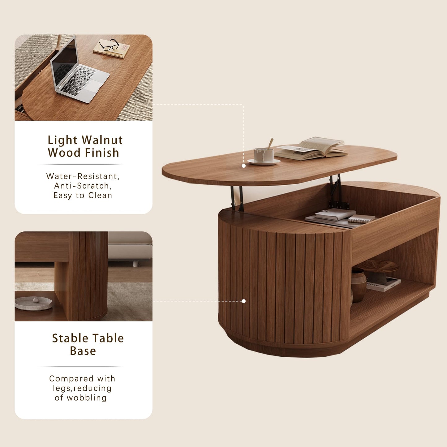 47-Inch Lift Top Wood Coffee Table with Hidden Storage Compartment and Open Shelf for Living Room, Fluted Oval Center Tea Table with Wooden Lift-Top for Apartment, Small Space, Light Brown Oak