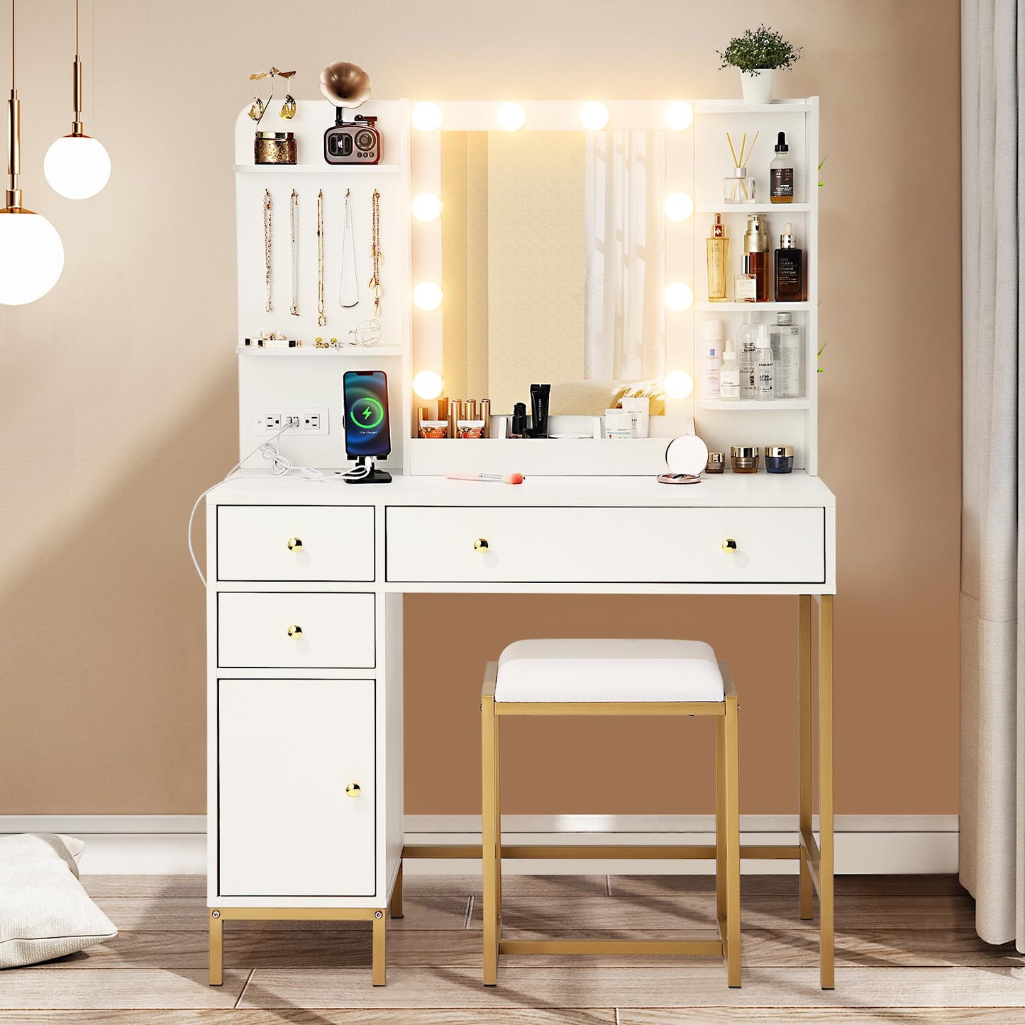 White Vanity Desk Set with Stool Mirror Lights 3 Color Lighting Dressing Table Makeup Station Charging Ports Large Beauty Desk for Bedroom Vanity Area