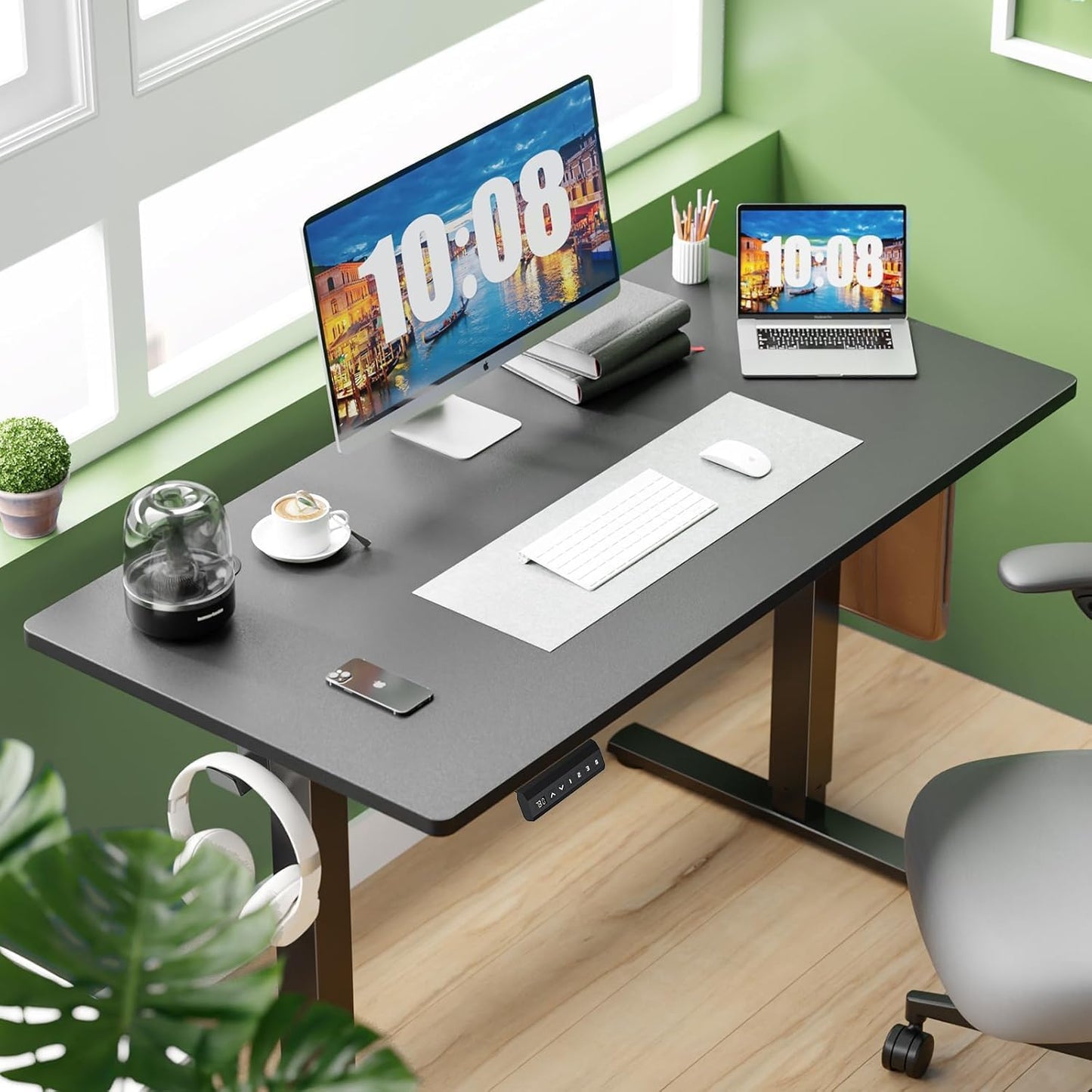Whitmor Electric Standing Desk - 40 x 24 Inch Height Adjustable Computer Desk, Sit to Stand Home Office Table with Splice Board, 2 Hooks & Wire Hole, Black