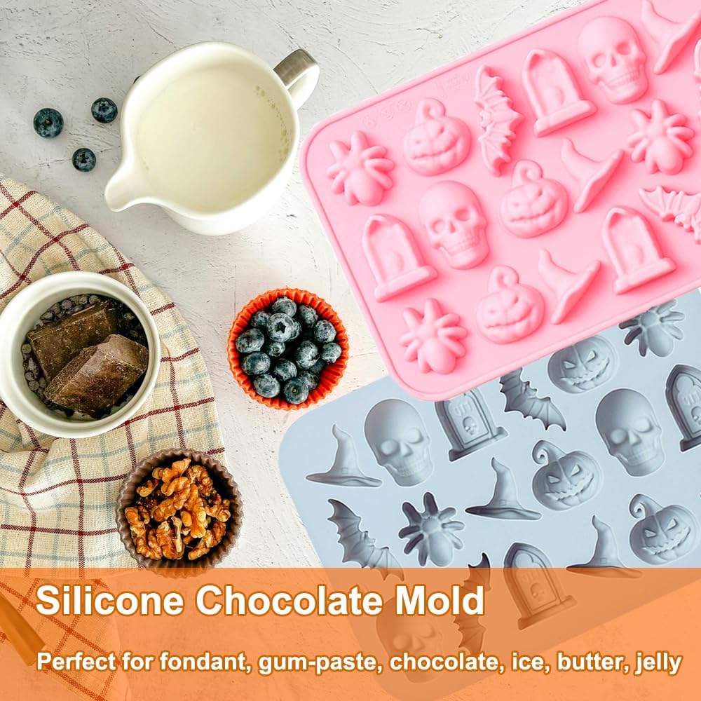 2 Pack Halloween Chocolate Mold Pumpkin Bat Skull Tomb Spider Shape Silicone Mold for Chocolate Candy Gummy Jello Ice Cube Melt Biscuits Cake Decoration Silicone Baking Mold Making Kit for Kids