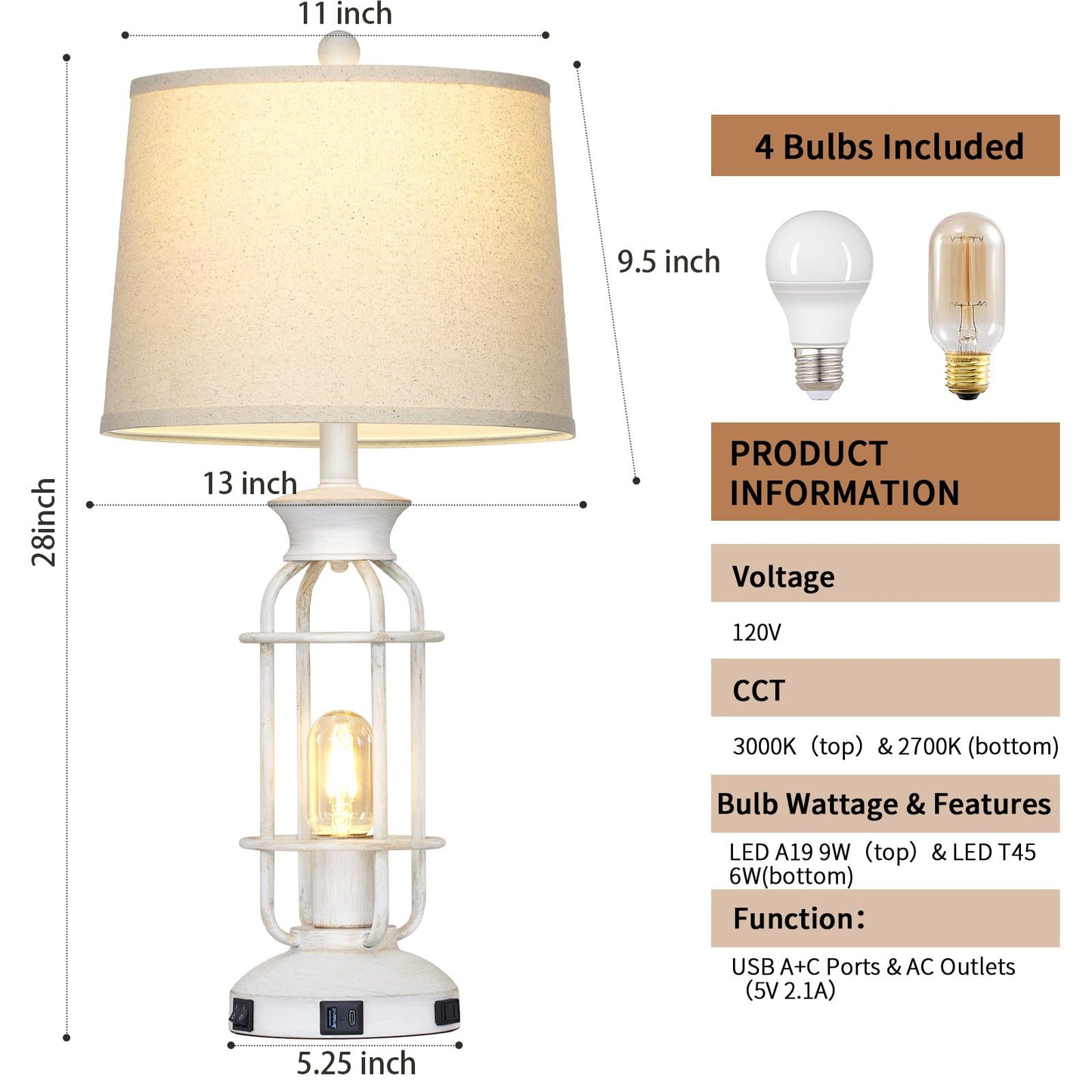 28" Vintage Table Lamps with USB C+A Ports & Outlet, Industrial Farmhouse Table Lamp for Living Room, Rustic Mid Century Modern Bedside Lamps with Nightlight & Beige Fabric Lampshade, Oil-Rubbed White