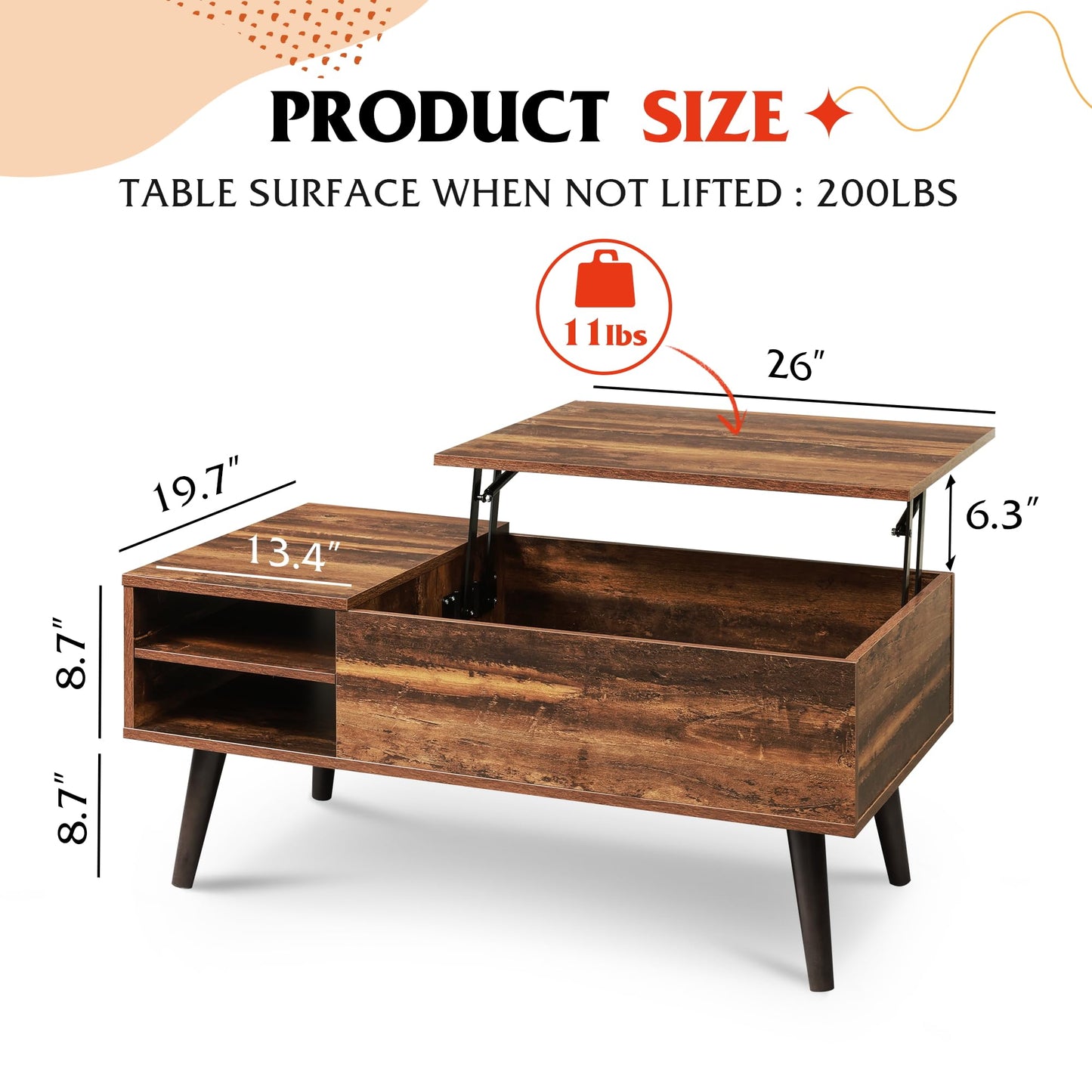WLIVE Coffee Table for Living Room, Lift Top Coffee Table with Storage,Small Modern Living Room Table with Adjustable Shelf and Storage CompartmentWood, Rustic Brown