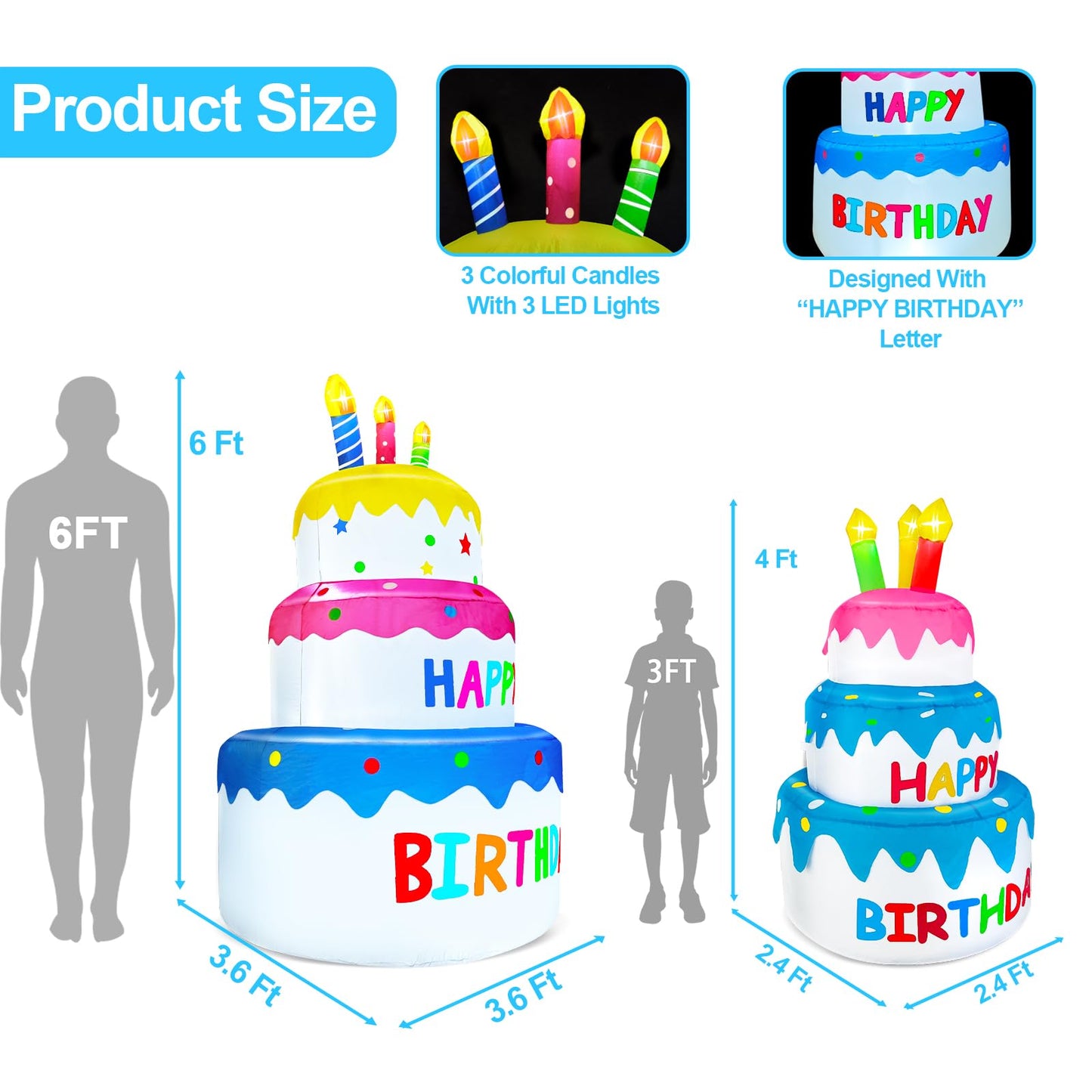 6 Ft Inflatable Happy Birthday Cake Decorations Outdoor Lighted Blow Up Holiday Birthday Party Decor with Candles 6 LED Lights for Indoor Home Celebration Garden Lawn Yard Prop Sign