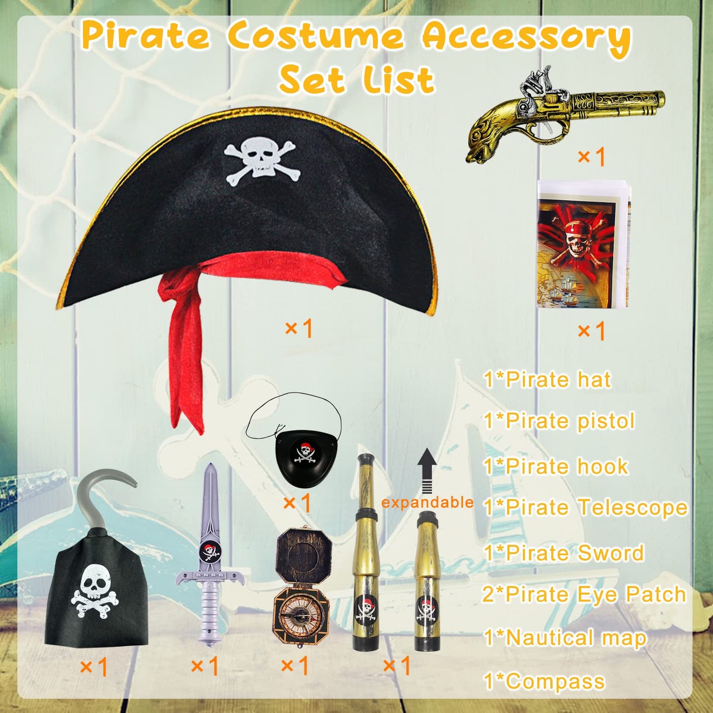 8 Pcs Pirate Accessories Halloween Kids Pirate Theme Pretend Party Toys Set Kids' Halloween Party Cosplay Dress Up Supplies with Hat Sword Pistol Eye Patch Telescope Compass Pirate Hook Map