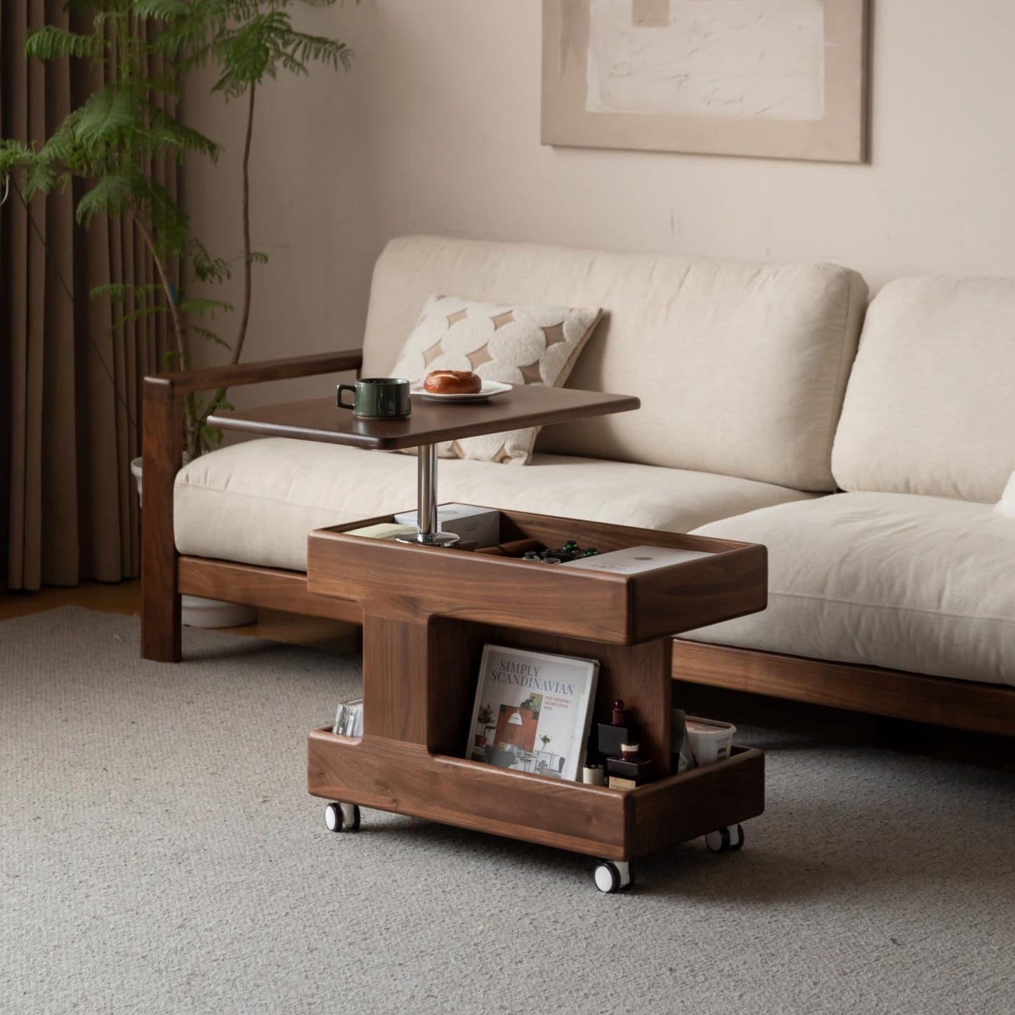 100% Solid Wood Lift Top Coffee Table with Storage, Small Bedside Table with Wheels and Rotating Desktop, Transform Coffee Table for Living Room, Recliner and Small Places(Walnut, No Need to Install)