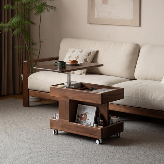 100% Solid Wood Lift Top Coffee Table with Storage, Small Bedside Table with Wheels and Rotating Desktop, Transform Coffee Table for Living Room, Recliner and Small Places(Walnut, No Need to Install)