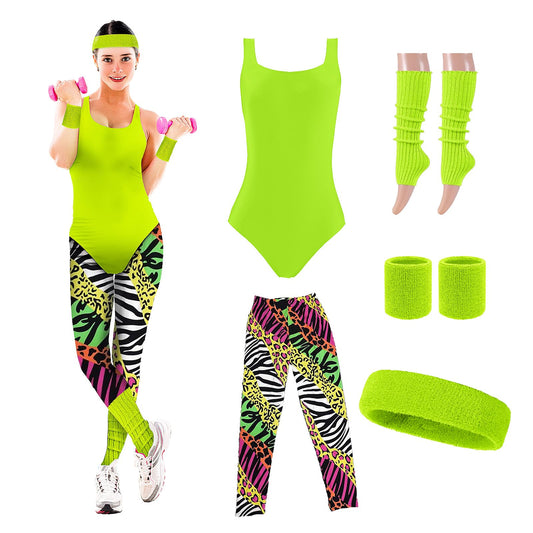 80s Workout Costume Leotards for Women Aerobics Outfit with Accessories Headband Wristbands Leg Warmers Halloween