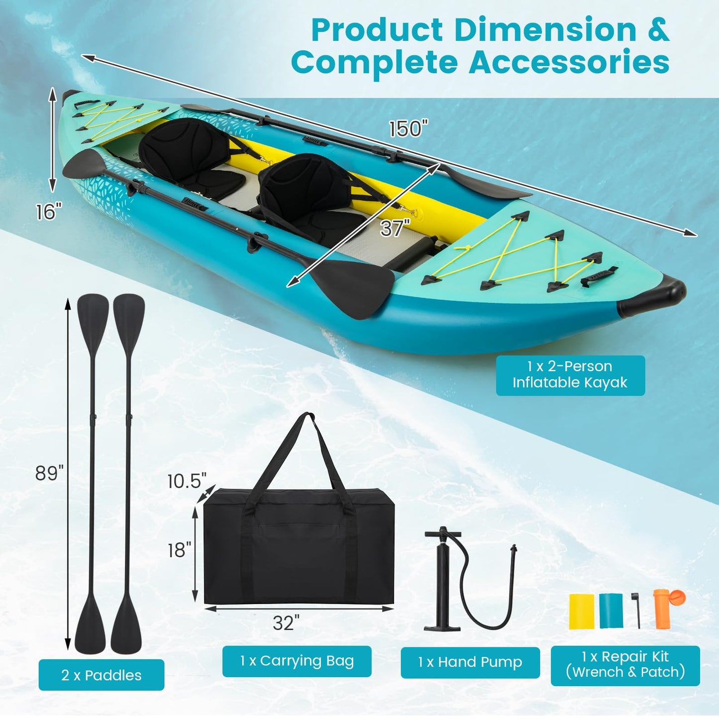 GYMAX Inflatable Kayak, 12.5Ft 507lbs Tandem Kayak with 2 Aluminum Paddles, 2 Padded Seats, 2 Fins, Hand Pump, Carry Bag & Repair Kit, 2 Person Fishing Touring Kayak for Adults Youth (Green)