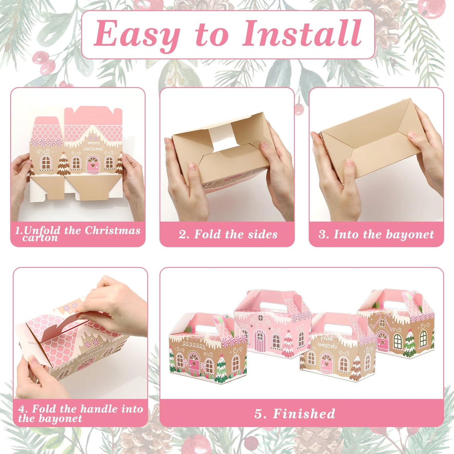 Whaline 24Pcs Christmas Treat Boxes with Handles Pink Gingerbread House Goodie Candy Bags Xmas Gable Paper Gift Containers for Cookie Snack Present Party Favor Supplies, 4 Designs