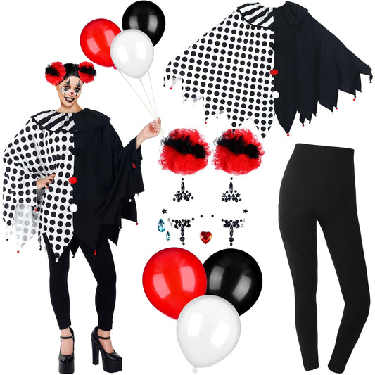 8 Pcs Women's Scary Poncho Clown Costume Set Includes Poncho Costume, Clown Wig, Stickers for Women Halloween Accessories(Large Size)