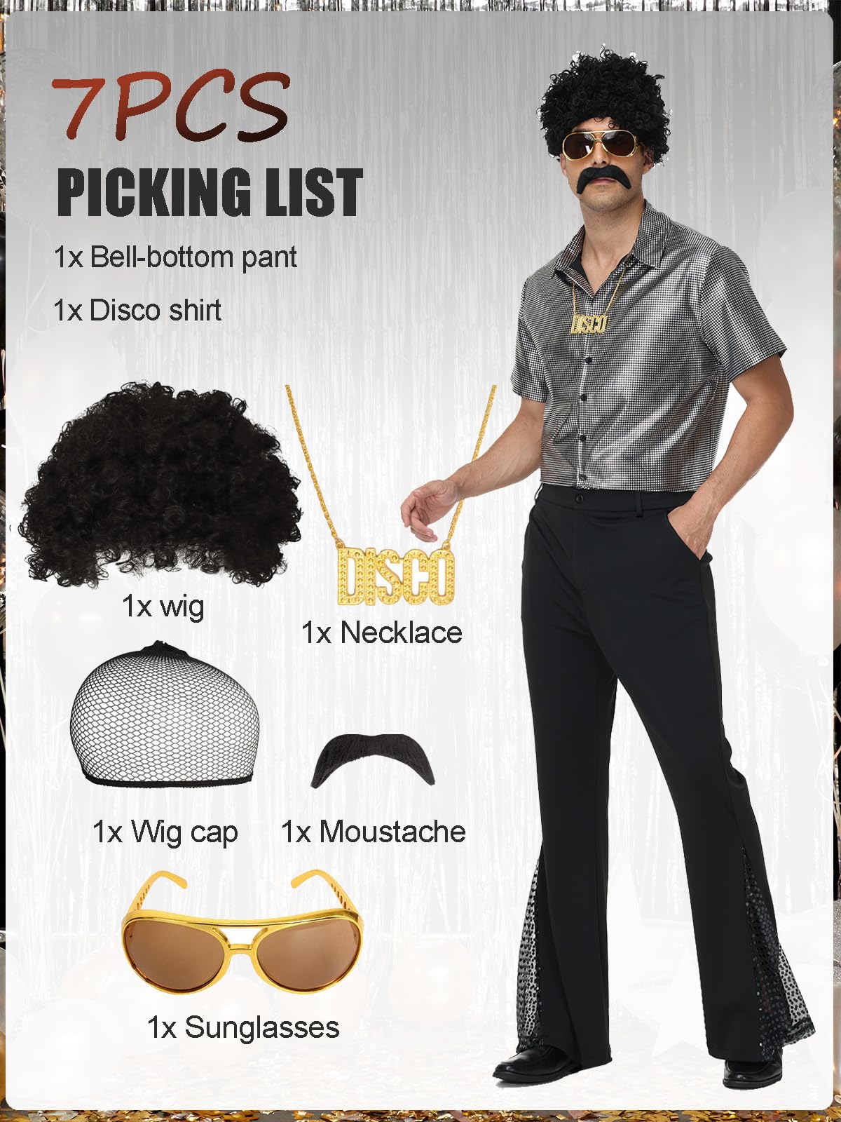 Wianja 70s Disco Outfits for Men - 7pcs 70s Costumes Bell Bottom Pants Shirts Wigs Necklace Moustache Sunglasses Hairnet