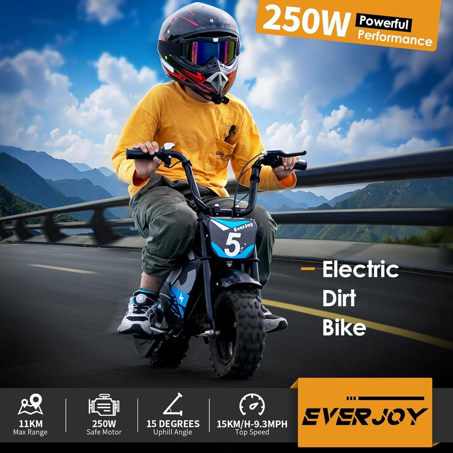 24V Electric Dirt Bike for Kids 250W High Torque Motor, 24V 9AH, 2 Speeds,10/12 MPH, UL 2849 Certificated Electric Kids Mini Bike for Ages 3+ (All-Terrain Tires)