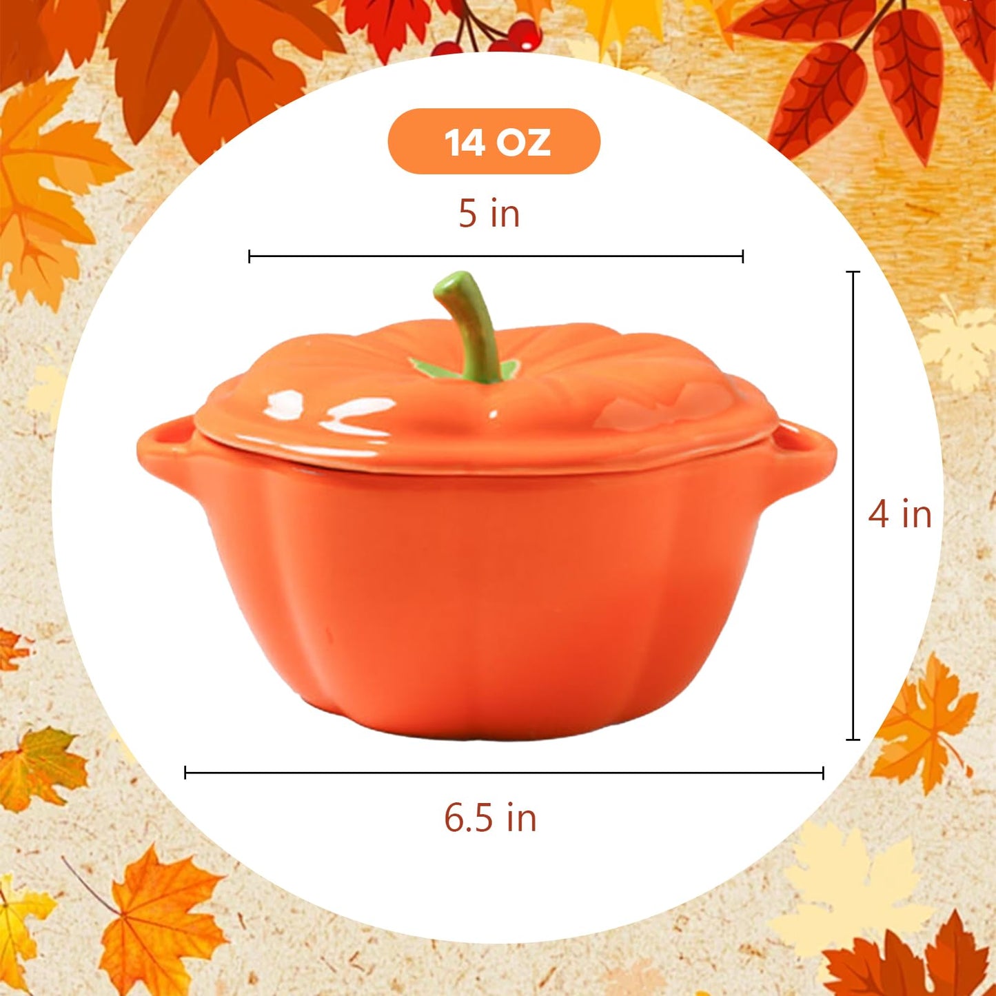 0.4-qt Pumpkin Ceramic Bowl, 6.5 x 4 Inch Small Baking Dish with Lid Oven & Stove Safe Up to 536°F, Serving Pumpkin Pot Dishes Pan for Cooking Storing Decorating, Halloween Dinner Table Kitchen Decor