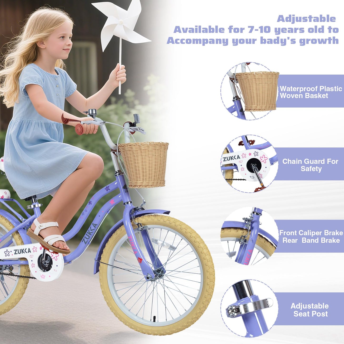20" Inch Girls Bike Kids Bikes Girl Bicycle 20” Bikes 20 Bike for Girls Ages 7 8 9 10 Years Old,MTB Single Speed Bicycle,Enclosed Chainguard Kids' Bicycles,3 Colors (Light Purple)