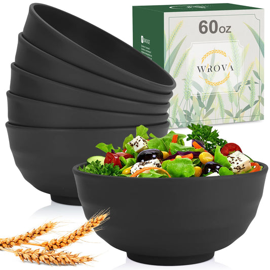 Wheat Straw Bowls Set 60 OZ Unbreakable Large Cereal Bowls Set of 6 Microwave and Dishwasher Safe Bowls Big Bowls for Camping and Picnic BPA Free Soup Bowl for Serving Oatmeal and Salad. Black